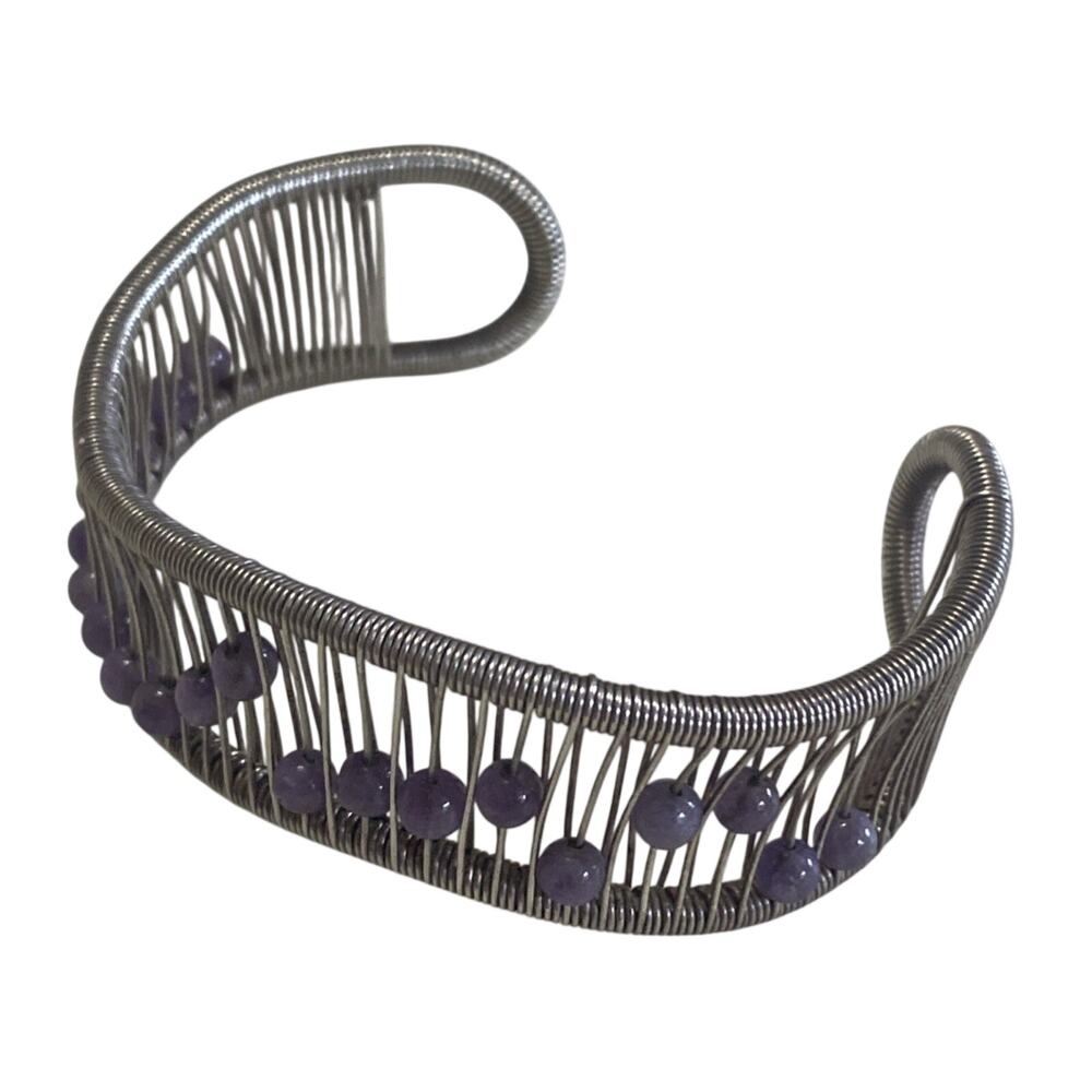 Acton Asymmetrical Sterling Silver Cuff Bracelet Wire wrap Movable purple Beads